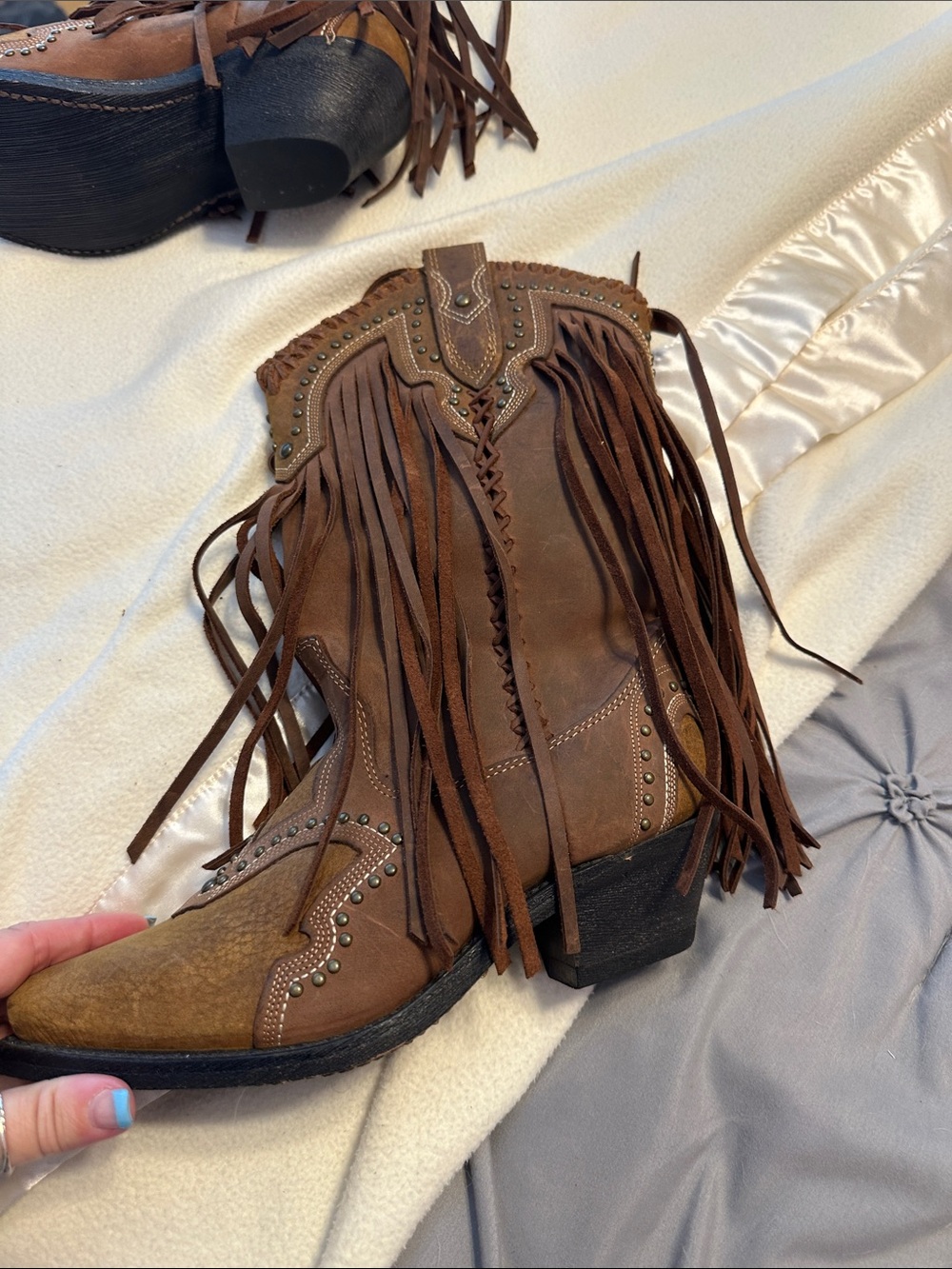 Fringed Brown Western Ankle Boots - Women - Picture 6 of 7